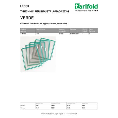 Buste per leggio Tarifold® T-Technic A4 verde - PVC bordo rinforzato Conf. 10 pezzi - B114005